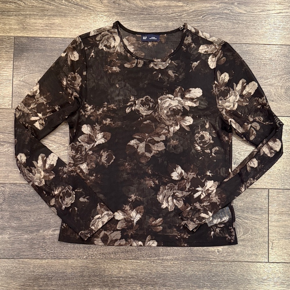 GAP Black and Brown Floral Long Sleeve Sheer Top